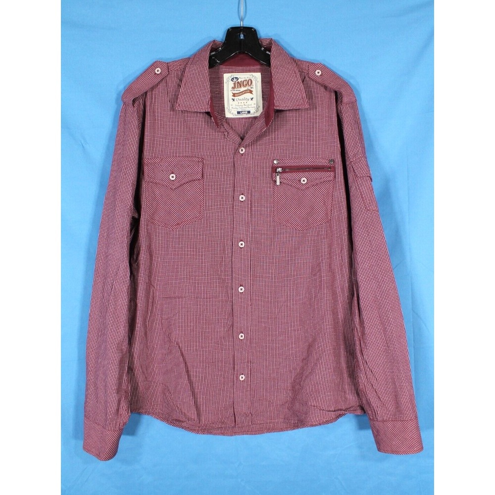 JNCO Twill MAROON Plaid Print BUTTON-DOWN Zip Detail CASUAL SHIRT/TOP Sz L